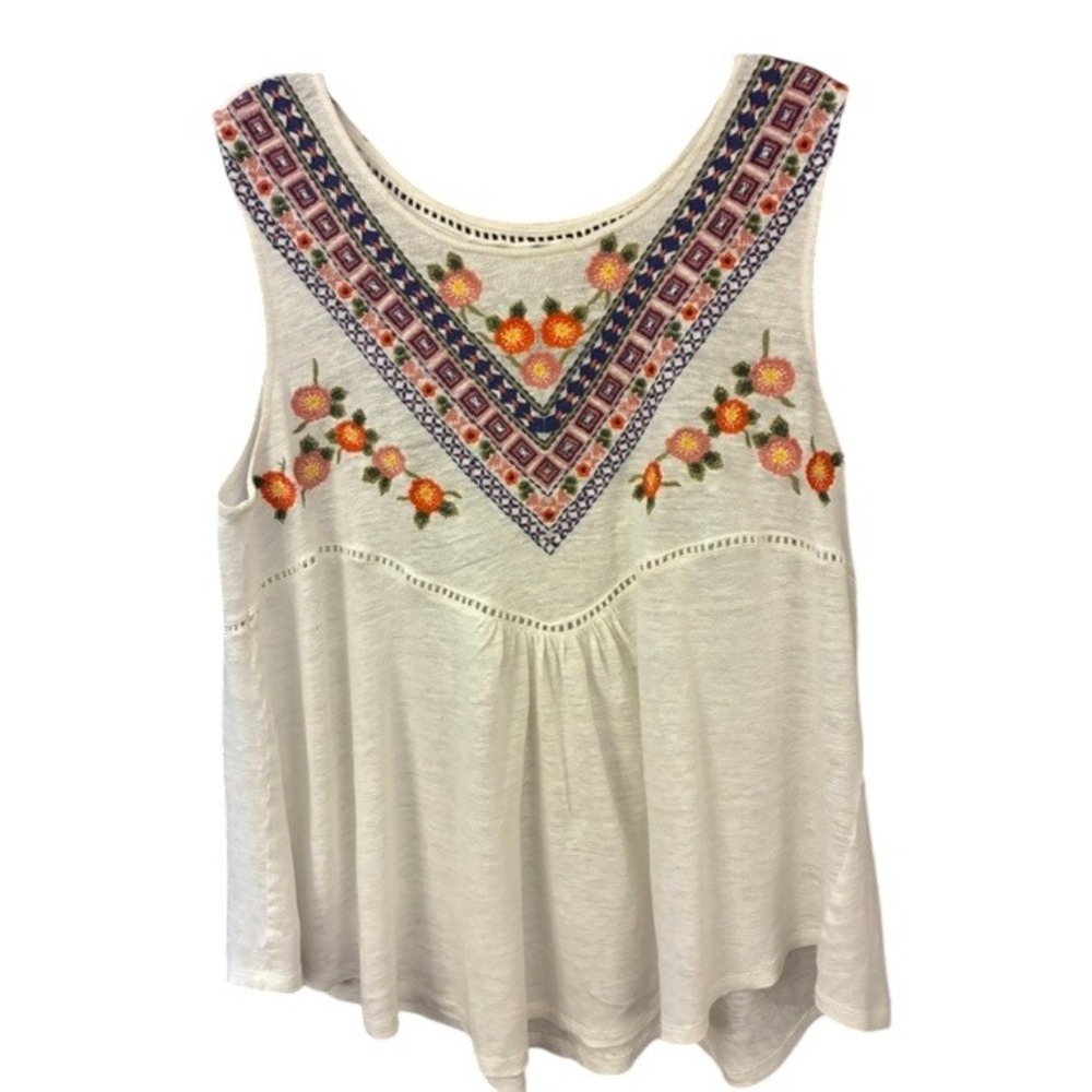 Sundance‎ Tank Top Womens L White Good Embroidered Linen Floral Boho Shell